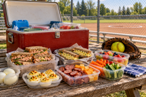 Tournament cooler food with sandwiches, eggs, kielbasa, cheese, fruit and vegetables beside a softball glove