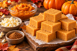 Orange pumpkin fudge squares on a wooden board beside white chocolate chips, pumpkin purée and pumpkin pie spice.