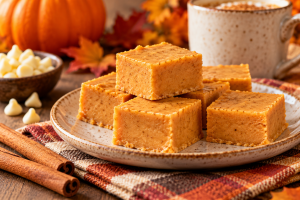 Creamy orange pumpkin spice fudge squares on a ceramic plate with coffee, cinnamon sticks and autumn decorations.