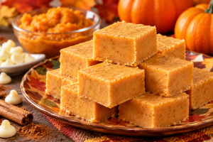 Close-up of thick orange pumpkin fudge squares with pumpkin spice flecks on an autumn platter beside pumpkin purée and white chocolate.