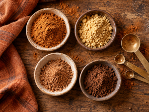 Four ingredients for homemade pumpkin spice blend: ground cinnamon, ginger, nutmeg, and allspice in separate bowls.