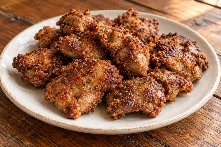 Pan-fried chicken livers with a golden-brown seasoned flour coating on an ivory plate
