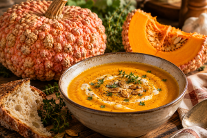 Creamy orange Galeux d'Eysines pumpkin soup with cream, toasted seeds and thyme, served beside a French peanut pumpkin and rustic bread.