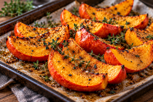 Golden-orange roasted winter squash wedges with caramelized edges, fresh thyme and black pepper on a parchment-lined baking sheet.
