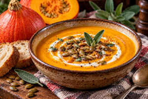 Creamy orange autumn soup topped with toasted pumpkin seeds, fresh sage, cracked pepper and a swirl of cream in a rustic bowl.