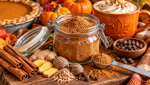 Pumpkin spice latte with whipped cream in a Canadian maple-leaf mug, served with autumn baked treats and homemade pumpkin spice blend.