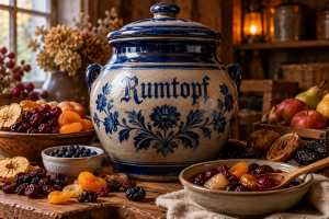 Our family Rumtopf tradition illustrated by a navy-blue and beige stoneware crock surrounded by seasonal fruits.