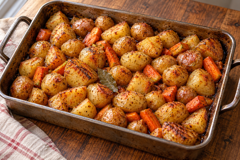 Roasting pan filled with golden skin-on potatoes, carrot pieces and a bay leaf