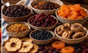 Bowls of dried apricots, raisins, cherries, blueberries, figs, and apple slices for Rumtopf.