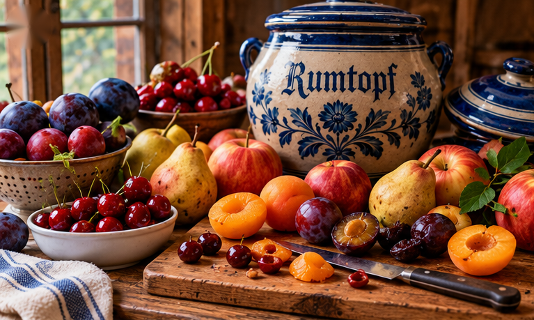 Fresh cherries, plums, apricots, apples, and pears prepared for traditional German Rumtopf.