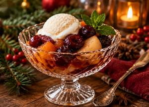 Crystal dessert bowl filled with rum-preserved cherries, apricots, and pears, topped with vanilla ice cream.