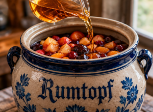 Golden rum being poured over cherries, apricots, pears, and plums in a traditional German Rumtopf crock.